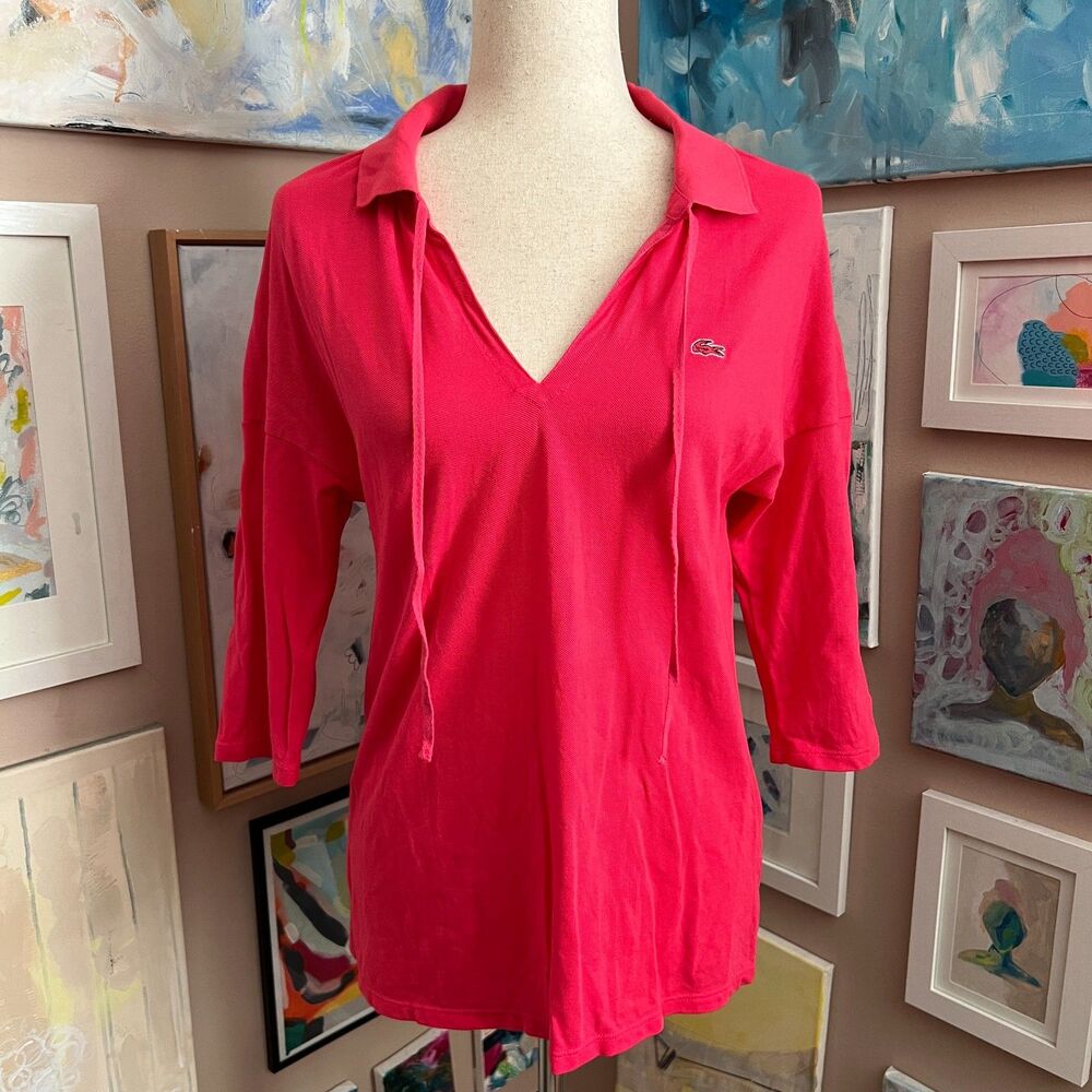 Lacoste Pink Pique Collared Tennis V Neck Long Sleeve Top Crocodile Logo Size 38